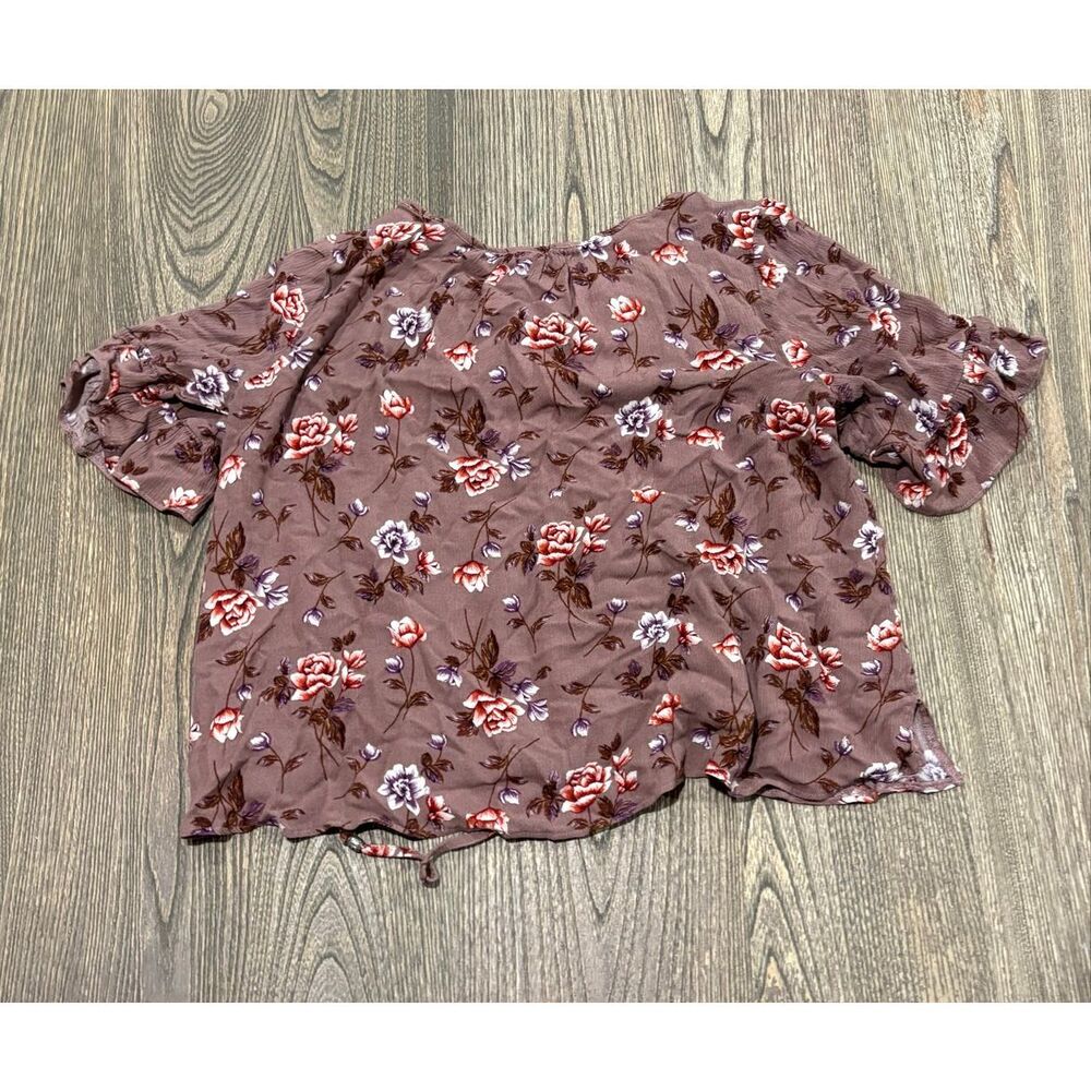 American Eagle Womens Blouse Floral Lace-Up Front Short Sleeve Brown Size M - Picture 4 of 4